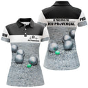 Polo jeu provençal femme noir blanc humour devant boules terrain prénom manche bouliste personnalisé