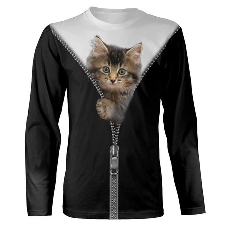 T-shirt chat noir zip chaton tigré unisexe, design photoréaliste mignon quotidien