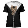 T-shirt chat 3D noir avec zip blanc et chaton tigré sortant de la fermeture éclair, all-over photoréaliste