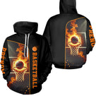 Sweat à capuche basketball noir avec design ballon en flammes et prénom imprimé sur la manche