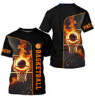 T-shirt basketball noir manches courtes avec design ballon orange en flammes et prénom personnalisé sur la manche