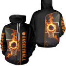 Anti-UV à capuche basketball noir avec ballon en feu et inscription Basketball verticale personnalisable