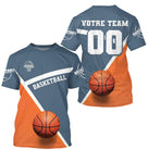 Maillot basketball personnalisé bleu pétrole et orange avec nom équipe Votre Team et numéro 00 au dos
