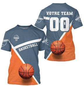 Maillot basketball personnalisé bleu pétrole et orange avec nom équipe Votre Team et numéro 00 au dos
