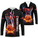 Anti-UV manches longues basketball noir avec ballon orange embrasé et effets feu fumée