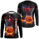 T-shirt manches longues basketball noir avec design ballon orange en flammes et panier néon multicolore