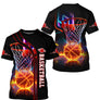 T-shirt basketball noir manches courtes avec design ballon en flammes et panier néon électrique