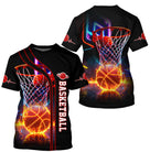T-shirt basketball noir manches courtes avec design ballon en flammes et panier néon électrique