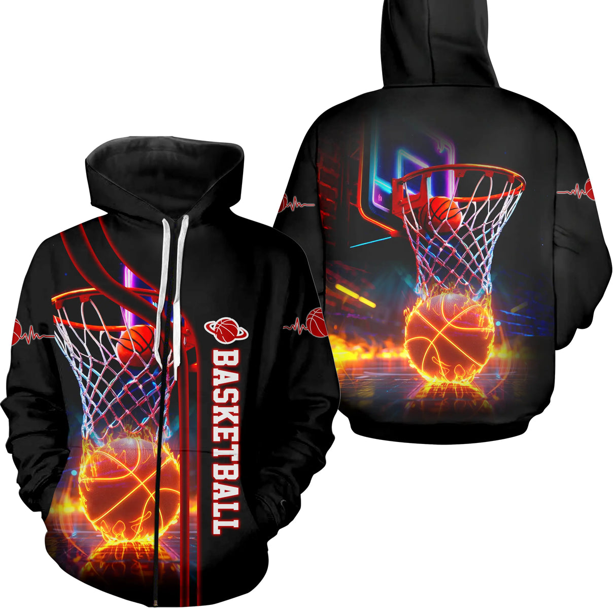 T-shirt Sport Basketball – Design Moderne avec Ballon en Flammes - A16012504 - Sweat à capuche zippée