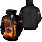 Sweat à capuche basketball flamme noir orange ballon embrasé sortant du panier prénom torse