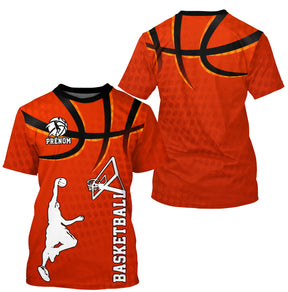 T-shirt basketball orange éclatant avec silhouette joueur dunk et ballon stylisé central