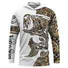 Sweat UV à capuche pêche bar au leurre tatouage encré bicolore blanc camouflage roseau prénom personnalisé, vue de face