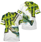 T-shirt all-over col rond pêche bar humour, motif écailles vert et bar central, accessoire personnalisable pour pêcheur