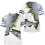 T-shirt all-over col rond pêche saumon humour, motif écailles gris argenté et saumon, accessoire personnalisable pêcheur