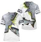 T-shirt all-over col rond pêche saumon humour, motif écailles gris argenté et saumon, accessoire personnalisable pêcheur