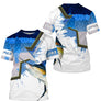 T-shirt all-over col rond pêche marlin humour, motif écailles bleu et marlin central, accessoire personnalisable pêcheur