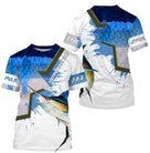 T-shirt all-over col rond pêche marlin humour, motif écailles bleu et marlin central, accessoire personnalisable pêcheur