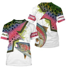 T-shirt all-over col rond pêche truite humour, motif écailles léopard multicolores et truite, accessoire personnalisable