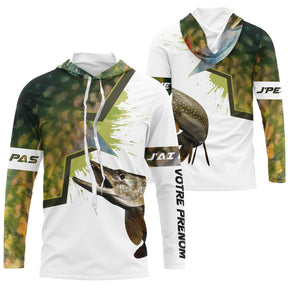 T-shirt anti UV à capuche pêche brochet humour avec slogan J peux pas j ai pêche, esox vert et marbrures sapin, prénom