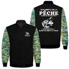 Sweat capuche zippé pêche humour noir avec design pêcheur en action et slogan complice On n'arrête pas la pêche
