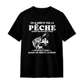 T-shirt pêche humour noir avec design pêcheur en action et slogan humoristique personnalisable prénom
