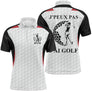 Polo golf homme blanc inserts bleu marine silhouette golfeuse swing éclats balles slogan J'peux Pas J'ai Golf coupe ajustée