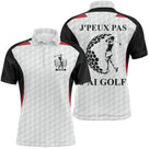 Polo golf homme blanc inserts bleu marine silhouette golfeuse swing éclats balles slogan J'peux Pas J'ai Golf coupe ajustée