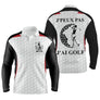 Polo manches longues golf unisexe blanc inserts bleu marine silhouette golfeuse slogan J'peux Pas J'ai Golf