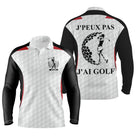Polo manches longues golf unisexe blanc inserts bleu marine silhouette golfeuse slogan J'peux Pas J'ai Golf