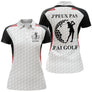Polo golf femme blanc inserts bleu marine silhouette golfeuse slogan J'peux Pas J'ai Golf coupe cintrée