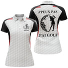 Polo golf femme blanc inserts bleu marine silhouette golfeuse slogan J'peux Pas J'ai Golf coupe cintrée