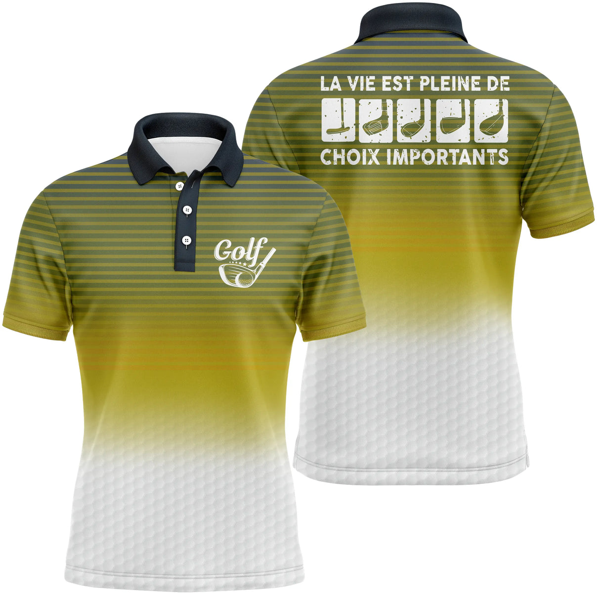 Polo golf homme bleu ciel dégradé balle bas clubs alignés slogan La Vie Pleine Choix Importants Golf cœur