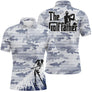 Polo golf homme camouflage gris bleu clair silhouette golfeur swing bas slogan The Golf father typographie cinéma