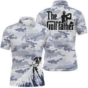 Polo golf homme camouflage gris bleu clair silhouette golfeur swing bas slogan The Golf father typographie cinéma