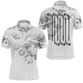 Polo golf homme camouflage blanc gris quatre clubs alignés noirs dos inscription Golf typographie verticale coupe ajustée