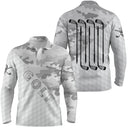 Polo manches longues golf unisexe camouflage blanc gris quatre clubs alignés noirs inscription Golf tissu respirant