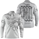 Polo manches longues golf unisexe camouflage blanc gris quatre clubs alignés noirs inscription Golf tissu respirant
