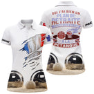 Polo pétanque tricolore femme avec slogan retraite pétanque, drapeau et boules, prénom personnalisé