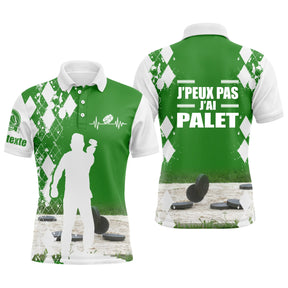 Polo palet blanc et vert chartreuse damier silhouette joueur lancer photos palets bois j'peux pas PRÉNOM manche