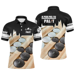 Polo palet personnalisé noir et blanc photo réaliste palets planche bois message je peux pas j'ai palet PRÉNOM manche