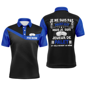 Polo palet bleu royal et noir contrasté message ne suis pas parfait mais joueur de palet PRÉNOM