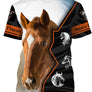 T-shirt cheval Quarter Horse personnalisé all-over avec portrait Quarter Horse brun bai et écussons orange Horse