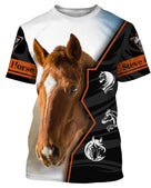 T-shirt cheval Quarter Horse personnalisé all-over avec portrait Quarter Horse brun bai et écussons orange Horse