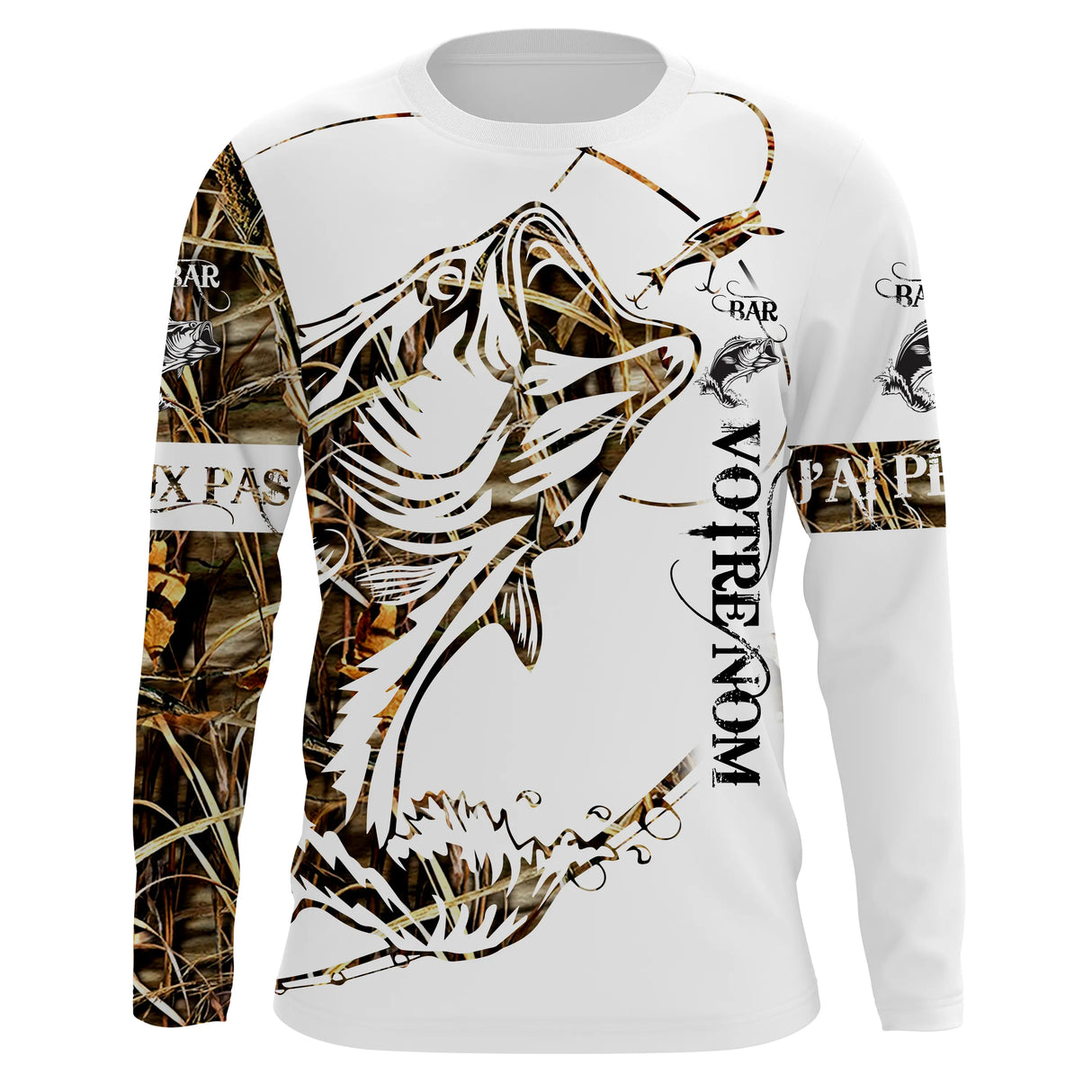 Maillot UV manches longues pêche bar tatouage bicolore blanc camouflage prénom personnalisé