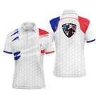 Polo golf homme blanc drapeau France bleu blanc rouge blason graphique vue avant