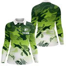Polo golf manches longues femme camouflage vert Performance prénom devant joueuse parcours personnalisé