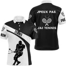 Polo tennis homme noir blanc humour j'peux pas devant joueur raquette swing prénom manche personnalisé