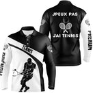 Polo tennis manches longues homme noir blanc humour devant joueur raquette prénom personnalisé