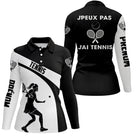 Polo tennis manches longues femme noir blanc humour devant joueuse raquette prénom personnalisé