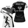Polo tennis femme noir blanc humour j'peux pas devant joueuse raquette prénom manche personnalisé